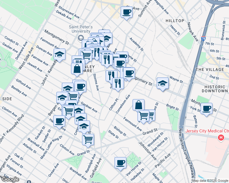 map of restaurants, bars, coffee shops, grocery stores, and more near in Jersey City
