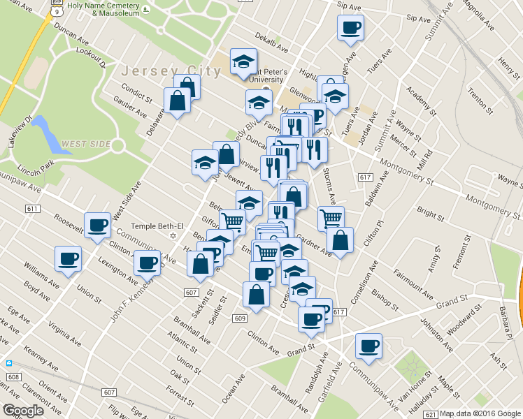 map of restaurants, bars, coffee shops, grocery stores, and more near in Jersey City