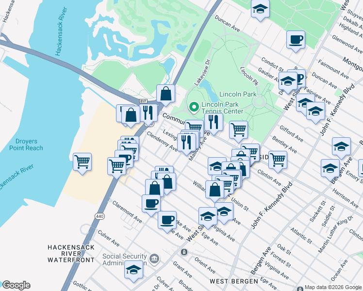 map of restaurants, bars, coffee shops, grocery stores, and more near 259 Lexington Avenue in Jersey City