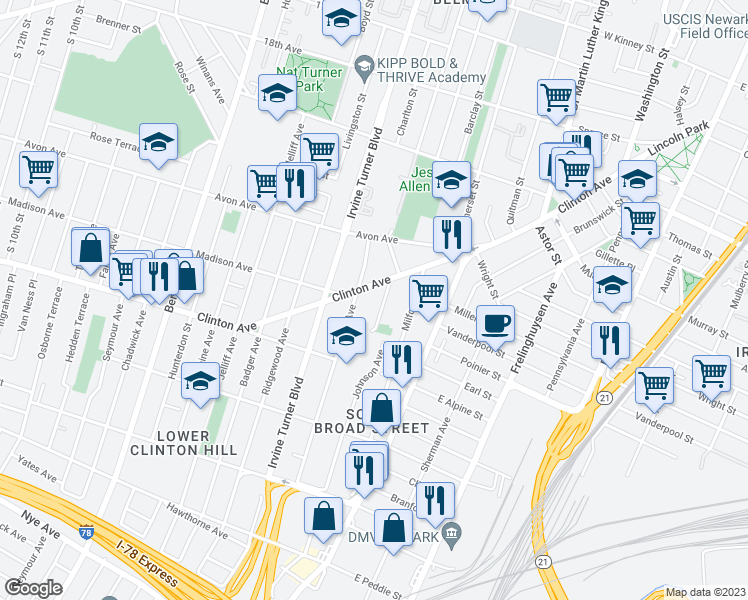 map of restaurants, bars, coffee shops, grocery stores, and more near 324 Clinton Avenue in Newark