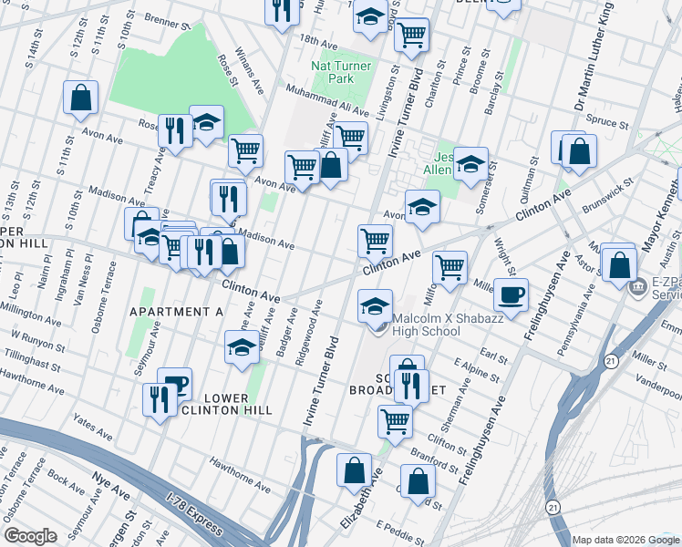 map of restaurants, bars, coffee shops, grocery stores, and more near 56 Ridgewood Avenue in Newark