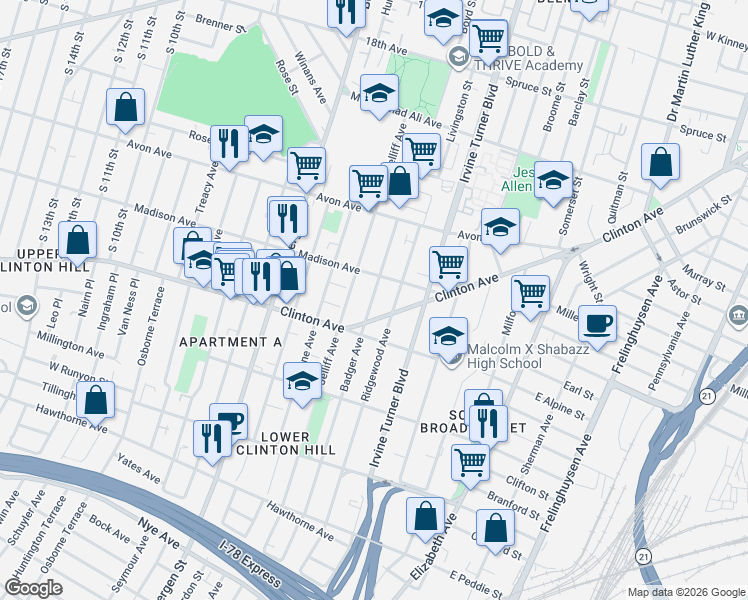 map of restaurants, bars, coffee shops, grocery stores, and more near 153 Badger Avenue in Newark
