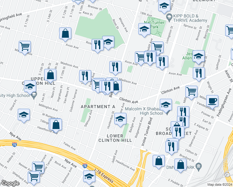 map of restaurants, bars, coffee shops, grocery stores, and more near 629 Hunterdon Street in Newark