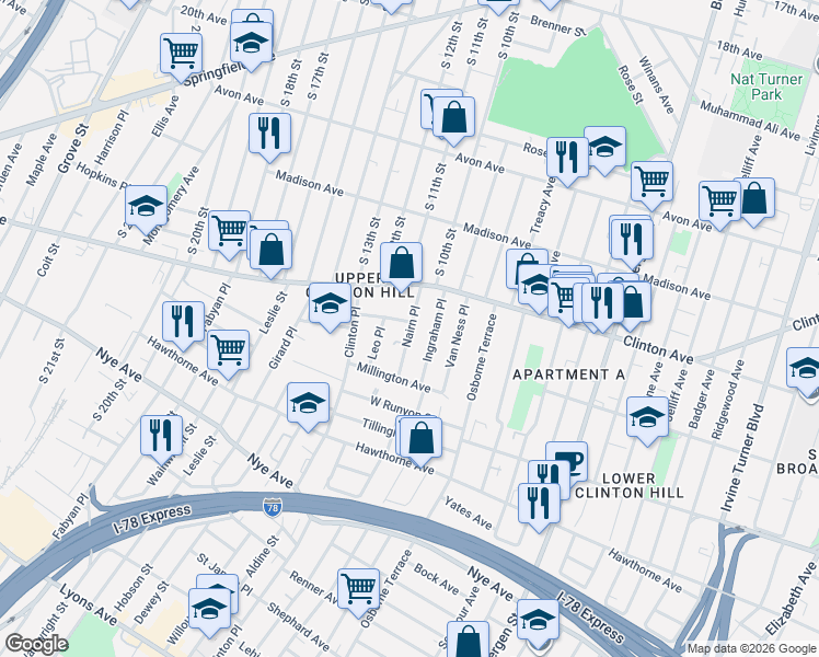 map of restaurants, bars, coffee shops, grocery stores, and more near 29 Nairn Place in Newark