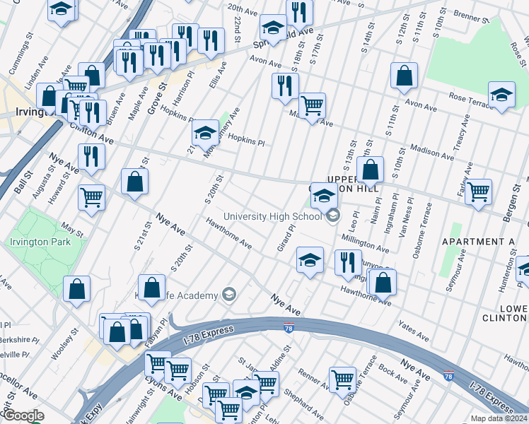 map of restaurants, bars, coffee shops, grocery stores, and more near 33 Beverly Street in Newark
