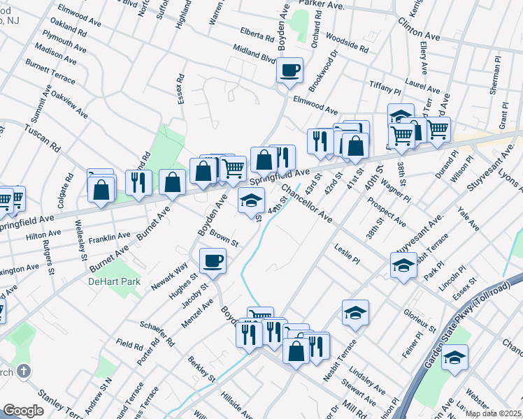 map of restaurants, bars, coffee shops, grocery stores, and more near 27 Jacoby Street in Maplewood