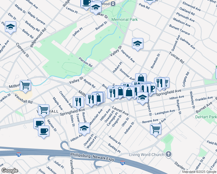 map of restaurants, bars, coffee shops, grocery stores, and more near 42 South Pierson Road in Maplewood