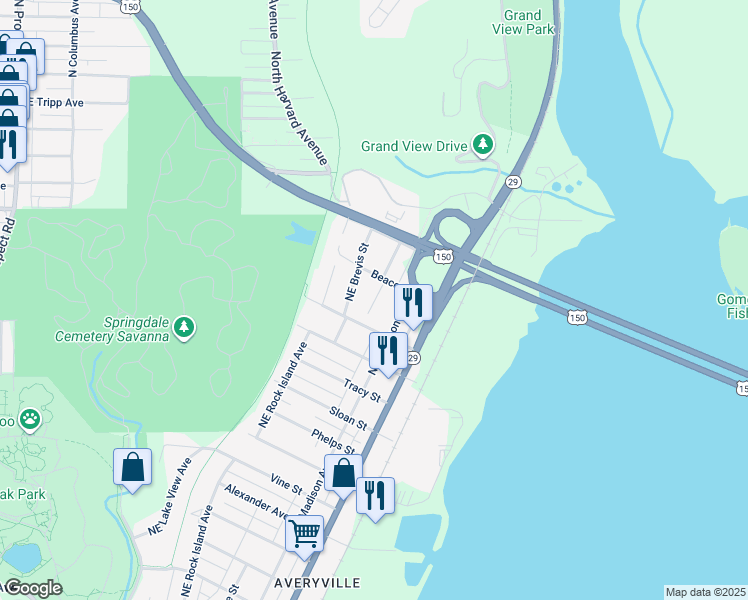 map of restaurants, bars, coffee shops, grocery stores, and more near 3525 Northeast Monroe Street in Peoria