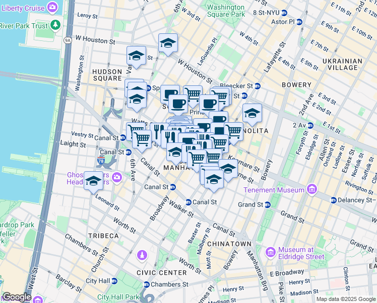map of restaurants, bars, coffee shops, grocery stores, and more near in New York