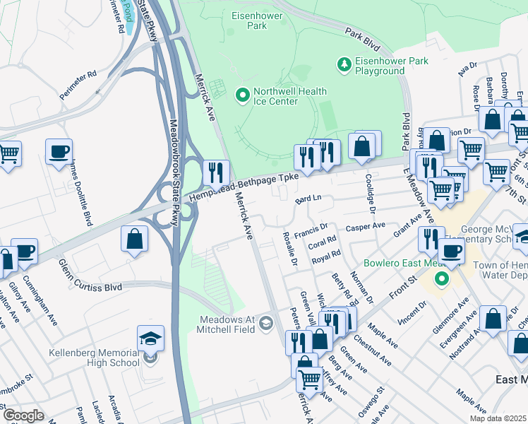map of restaurants, bars, coffee shops, grocery stores, and more near 55 Lloyd Court in East Meadow