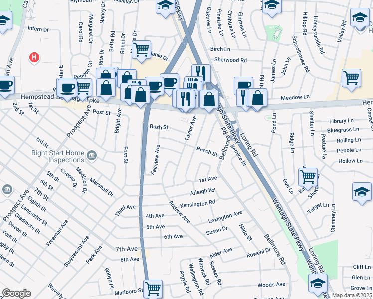 map of restaurants, bars, coffee shops, grocery stores, and more near 2601 Beech Street in East Meadow