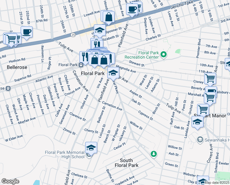 map of restaurants, bars, coffee shops, grocery stores, and more near 30 Bellmore Street in Floral Park