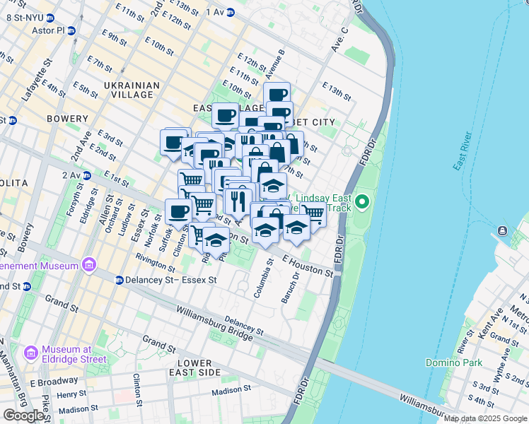 map of restaurants, bars, coffee shops, grocery stores, and more near 53 Avenue C in New York