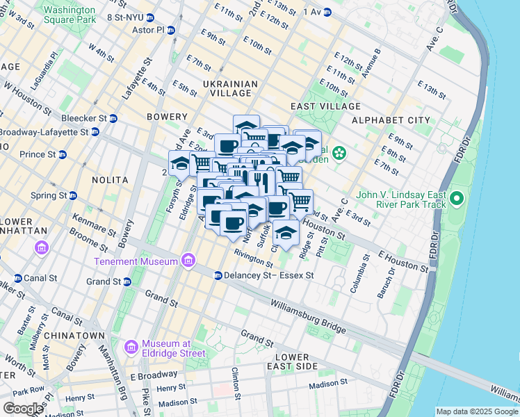 map of restaurants, bars, coffee shops, grocery stores, and more near 6 Avenue A in New York
