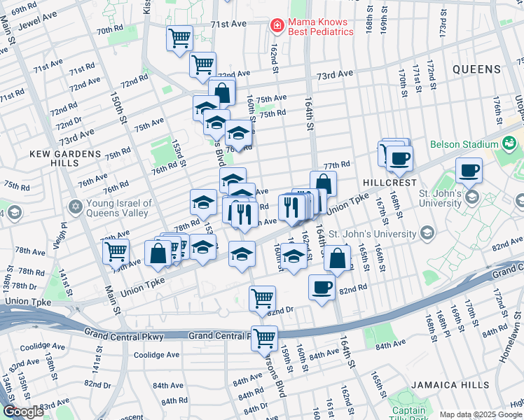 map of restaurants, bars, coffee shops, grocery stores, and more near 78-19 160th Street in Queens