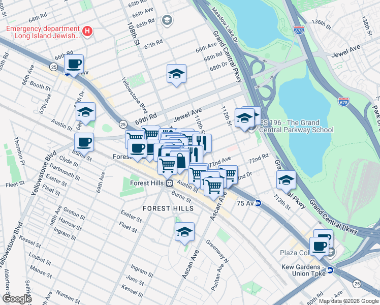 map of restaurants, bars, coffee shops, grocery stores, and more near in Queens