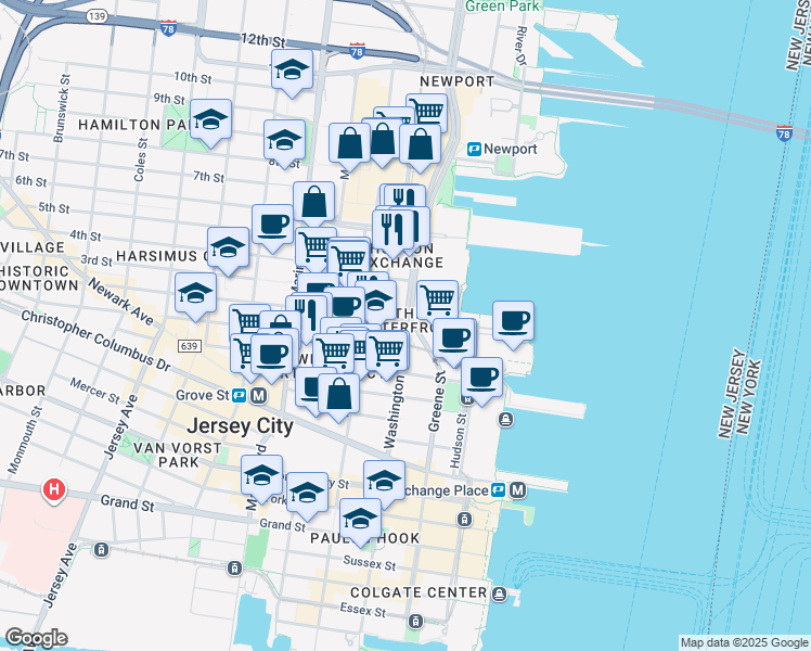 map of restaurants, bars, coffee shops, grocery stores, and more near in Jersey City