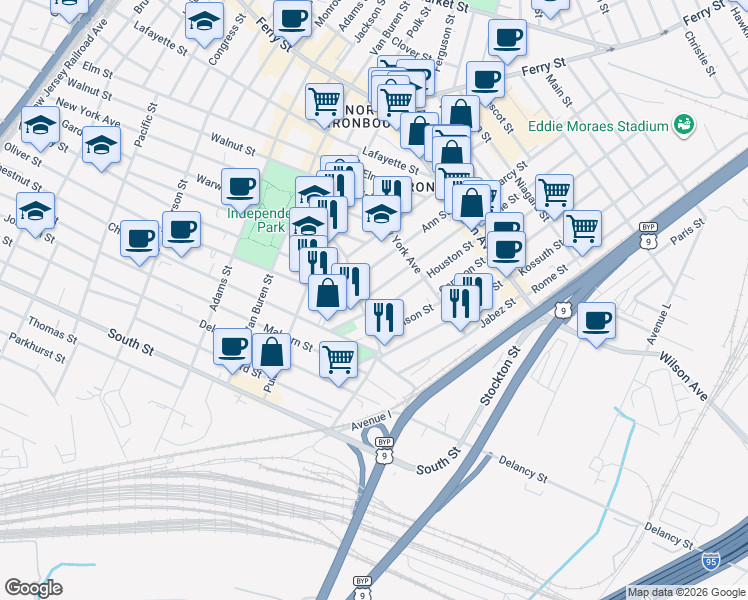 map of restaurants, bars, coffee shops, grocery stores, and more near 29 Napoleon Street in Newark