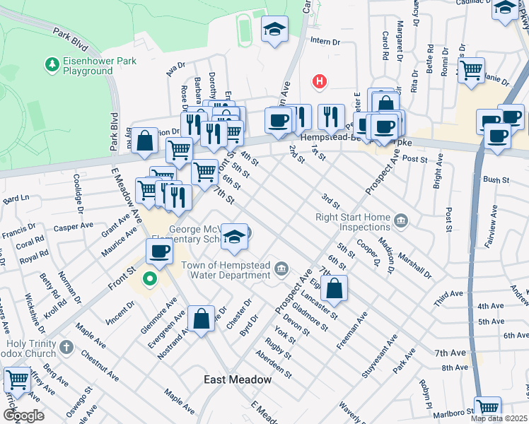 map of restaurants, bars, coffee shops, grocery stores, and more near 2204 6th Street in East Meadow