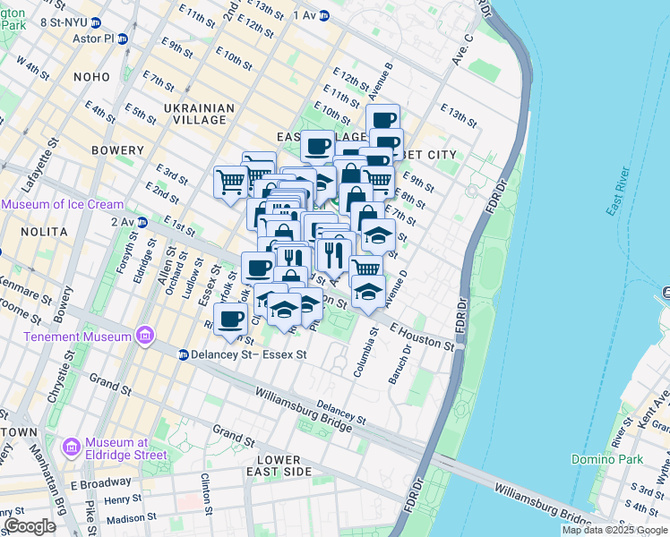 map of restaurants, bars, coffee shops, grocery stores, and more near 242 East 3rd Street in New York