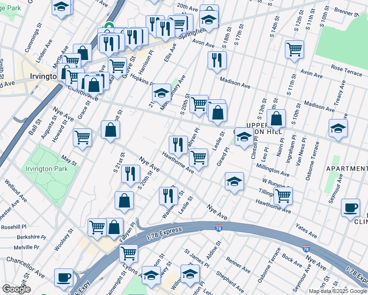 map of restaurants, bars, coffee shops, grocery stores, and more near 49 Fabyan Place in Newark