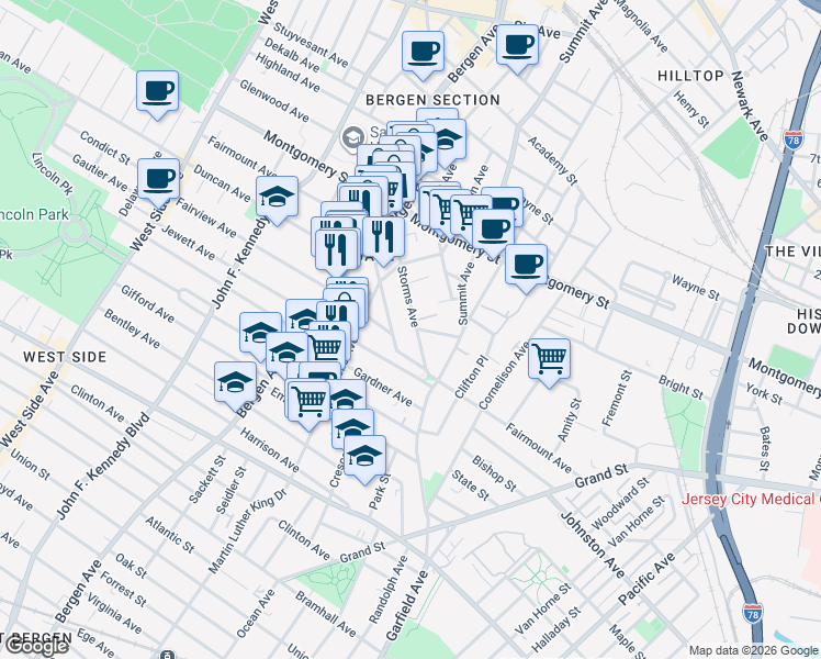map of restaurants, bars, coffee shops, grocery stores, and more near 212 Fairmount Avenue in Jersey City