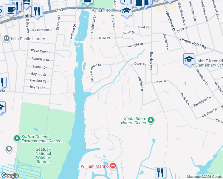 map of restaurants, bars, coffee shops, grocery stores, and more near 3 Meadowfarm Road in East Islip