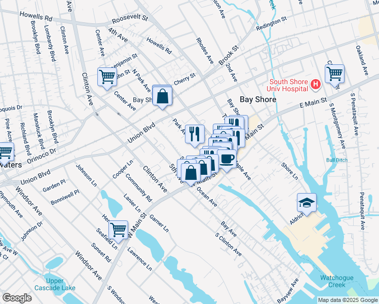 map of restaurants, bars, coffee shops, grocery stores, and more near 34 Park Avenue in Bay Shore