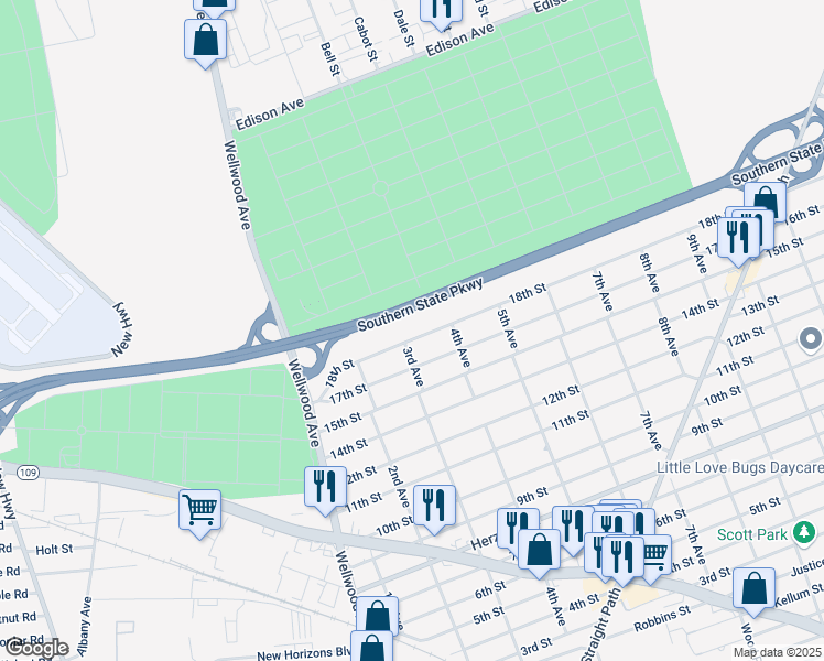 map of restaurants, bars, coffee shops, grocery stores, and more near 519 18th Street in West Babylon