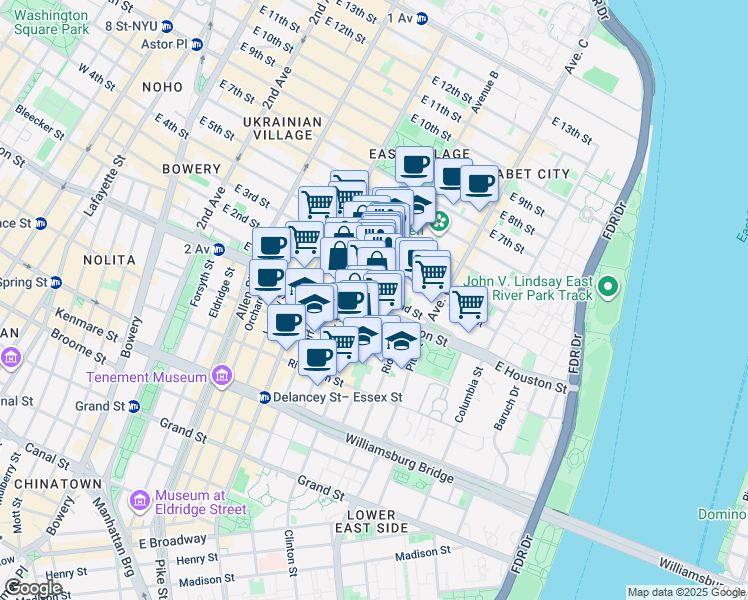 map of restaurants, bars, coffee shops, grocery stores, and more near 210 East 2nd Street in New York