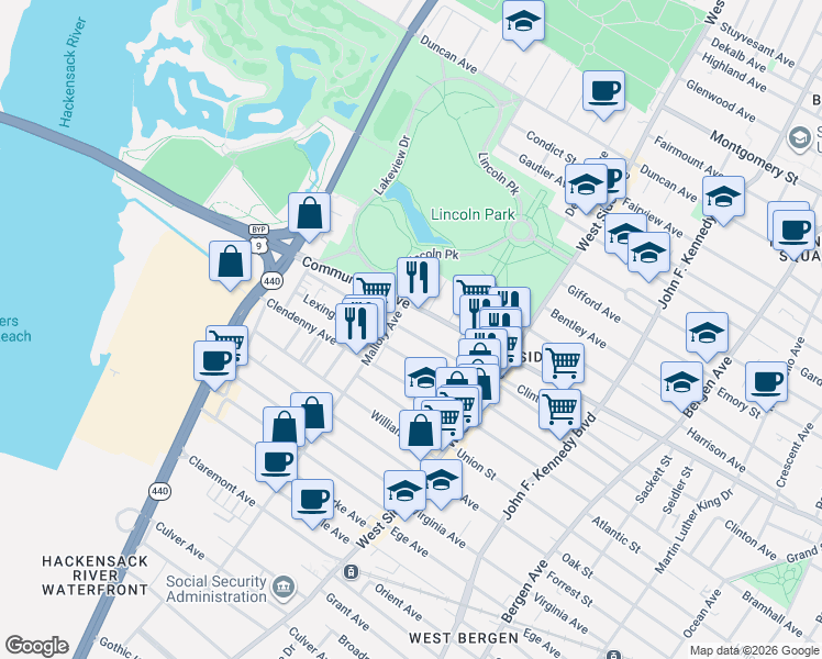 map of restaurants, bars, coffee shops, grocery stores, and more near 891 Communipaw Avenue in Jersey City