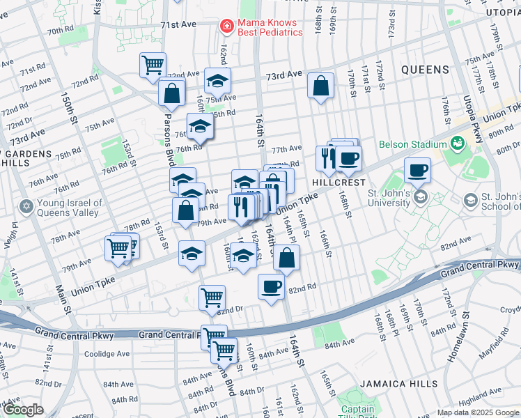 map of restaurants, bars, coffee shops, grocery stores, and more near 164-2 Union Turnpike in Queens