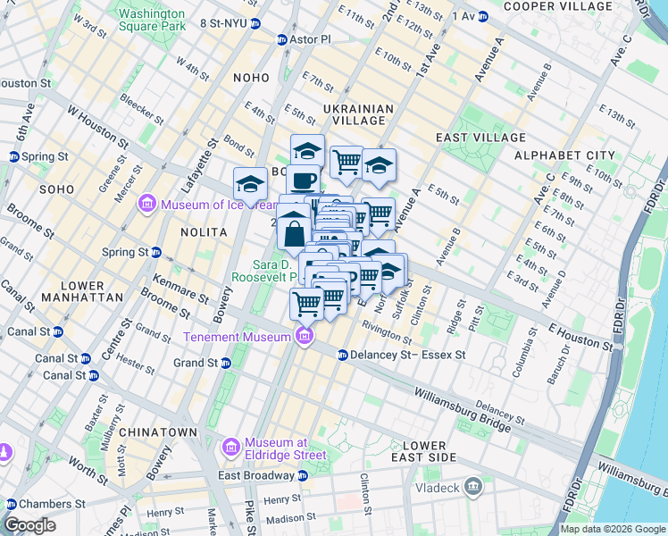 map of restaurants, bars, coffee shops, grocery stores, and more near 175 Orchard Street in New York