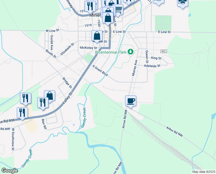 map of restaurants, bars, coffee shops, grocery stores, and more near 108 Scranton Avenue in Minerva