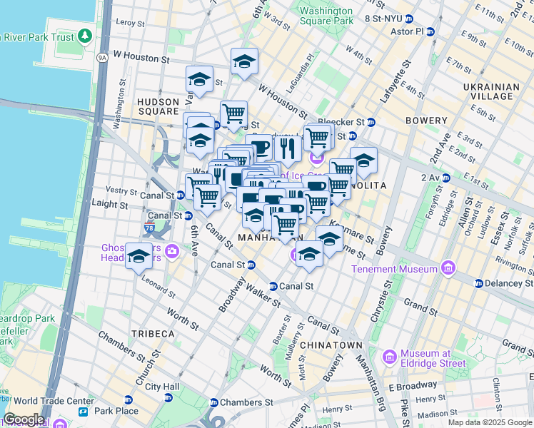 map of restaurants, bars, coffee shops, grocery stores, and more near 57 Mercer Street in New York