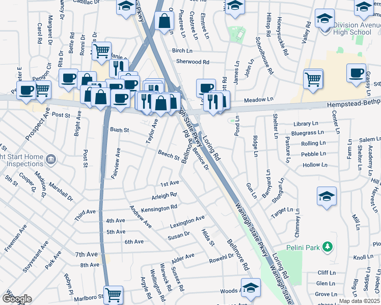 map of restaurants, bars, coffee shops, grocery stores, and more near 85 Bellmore Road in East Meadow