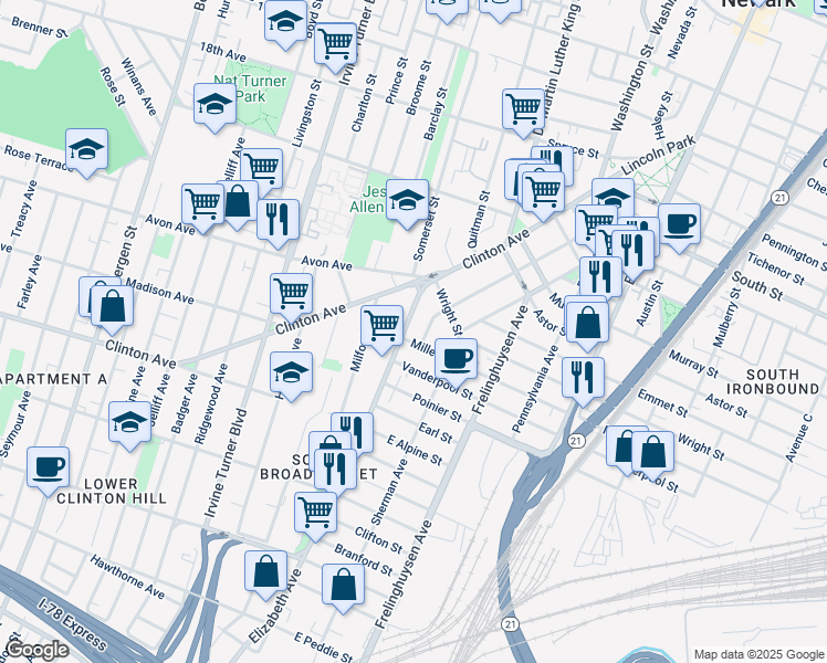 map of restaurants, bars, coffee shops, grocery stores, and more near 37 Elizabeth Avenue in Newark