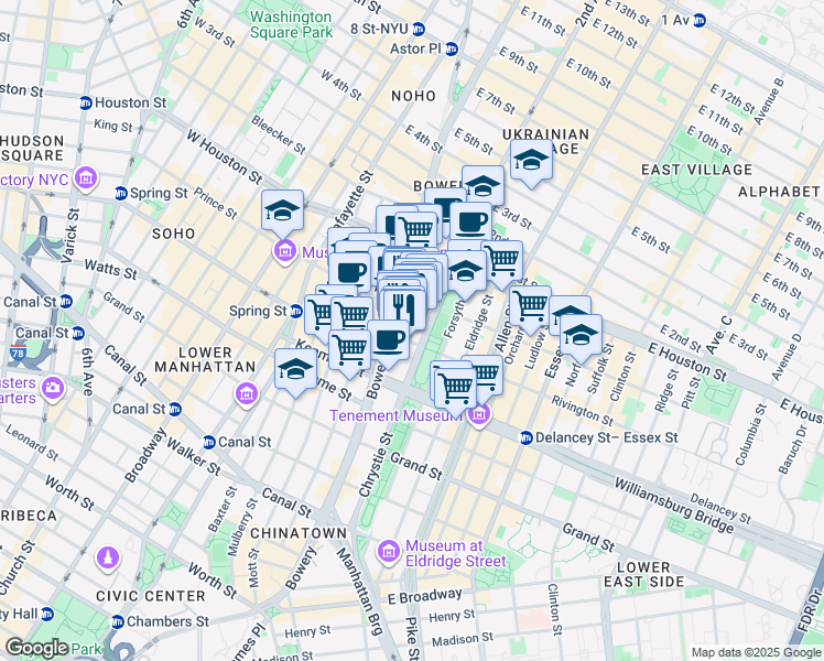 map of restaurants, bars, coffee shops, grocery stores, and more near 187 Chrystie Street in New York