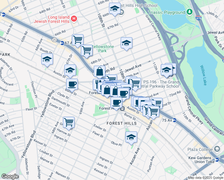 map of restaurants, bars, coffee shops, grocery stores, and more near 107-5 70th Road in Queens