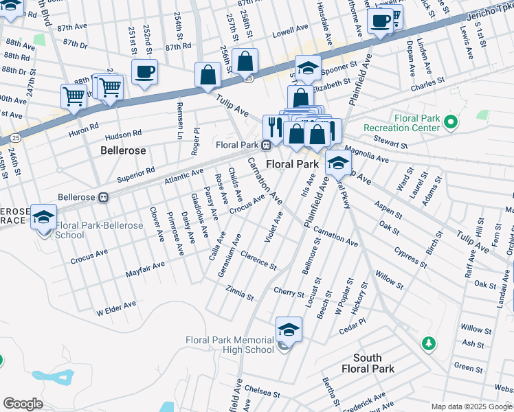 map of restaurants, bars, coffee shops, grocery stores, and more near 10 Crocus Avenue in Floral Park