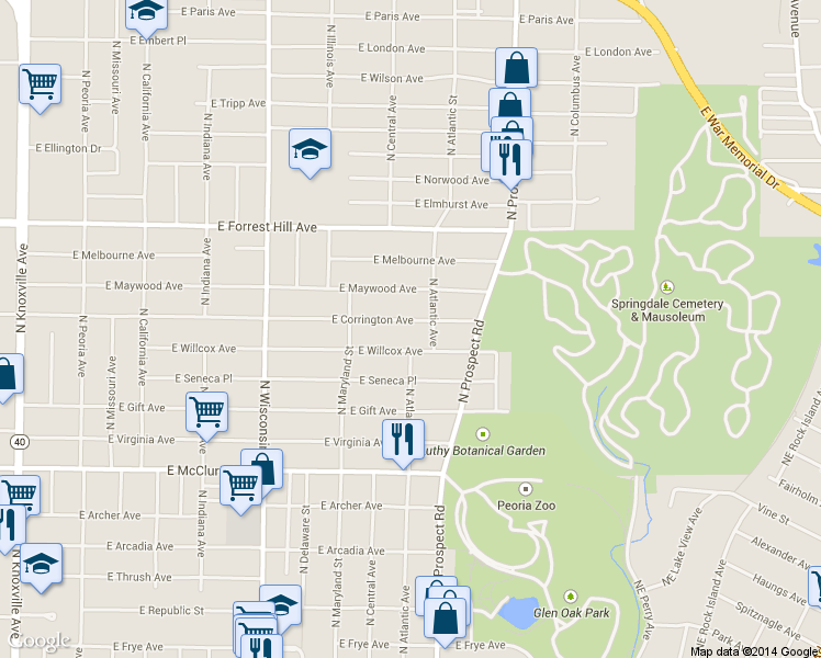 map of restaurants, bars, coffee shops, grocery stores, and more near 1114 East Corrington Avenue in Peoria
