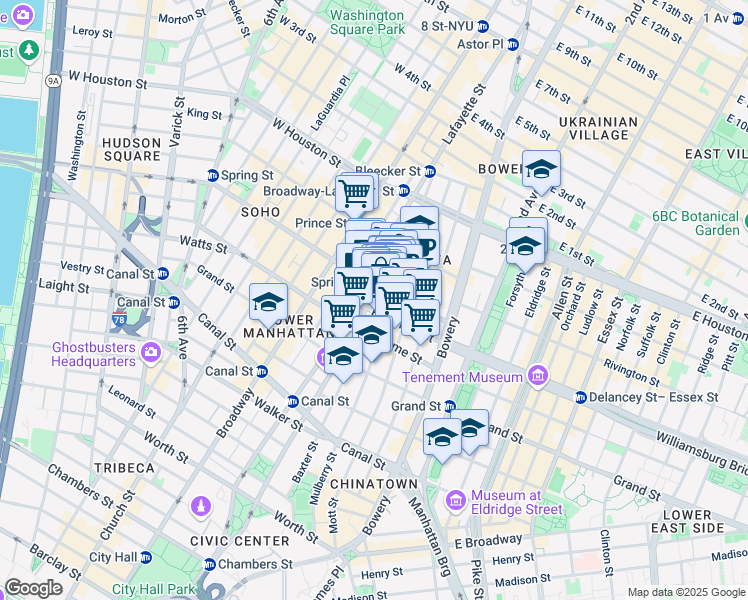 map of restaurants, bars, coffee shops, grocery stores, and more near 234 Mulberry Street in New York