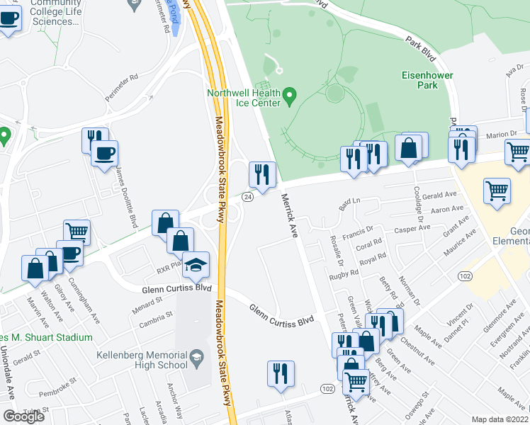 map of restaurants, bars, coffee shops, grocery stores, and more near 30 Merrick Avenue in East Meadow