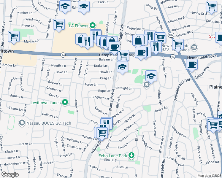 map of restaurants, bars, coffee shops, grocery stores, and more near 64 Wantagh Avenue in Levittown