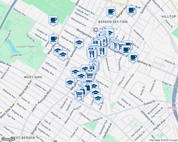 map of restaurants, bars, coffee shops, grocery stores, and more near in Jersey City
