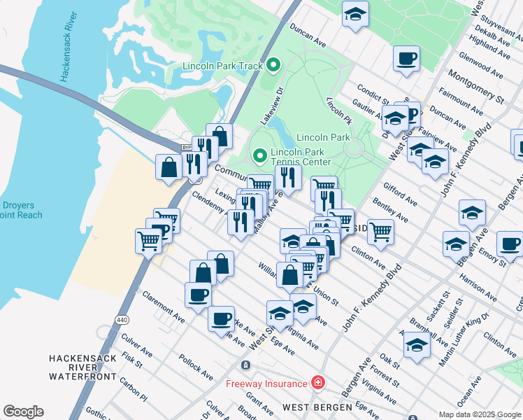 map of restaurants, bars, coffee shops, grocery stores, and more near 223 Mallory Avenue in Jersey City
