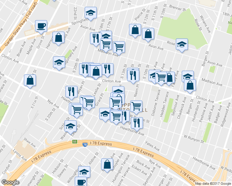 map of restaurants, bars, coffee shops, grocery stores, and more near 8 Randolph Place in Newark
