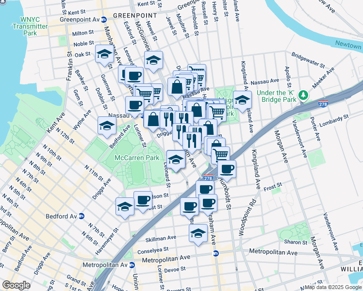 map of restaurants, bars, coffee shops, grocery stores, and more near 4 Broome Street in Brooklyn