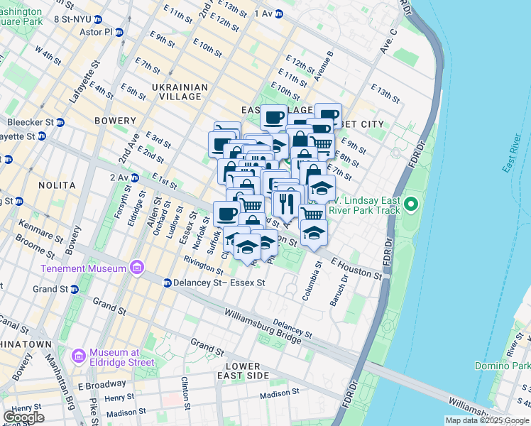map of restaurants, bars, coffee shops, grocery stores, and more near 242 East 3rd Street in New York
