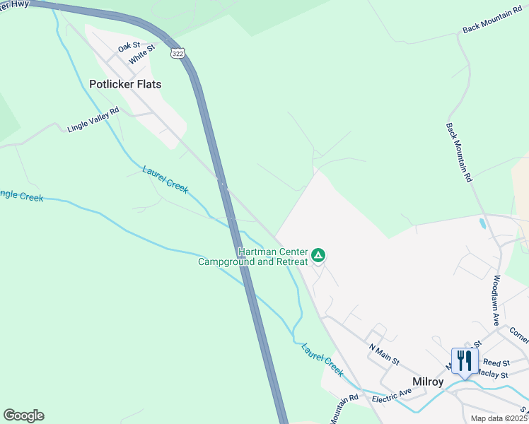 map of restaurants, bars, coffee shops, grocery stores, and more near 5725 Old US Highway 322 in Milroy